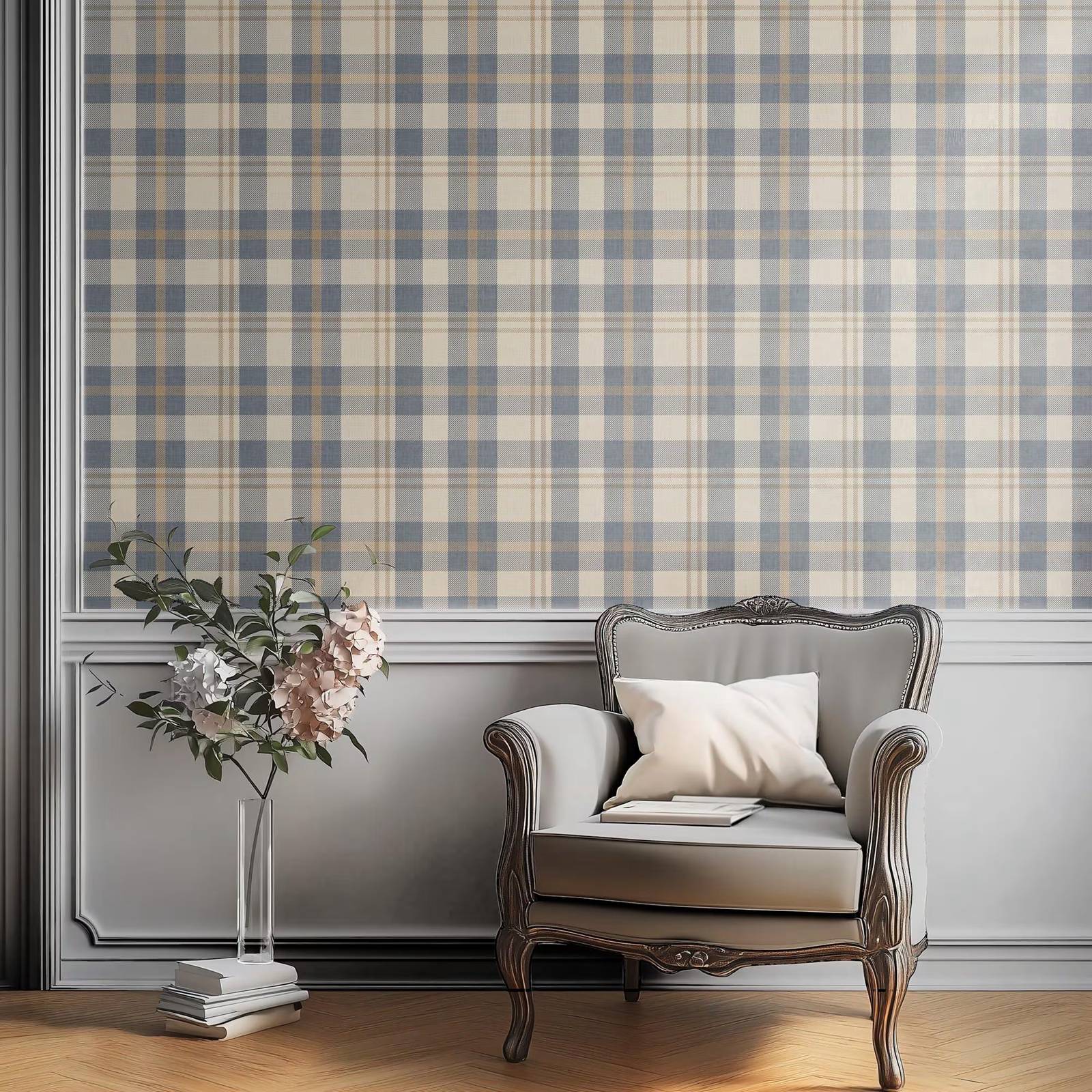 Interior Design Scandinavian - Nötr Mavi ve Bej Ekose Duvar
